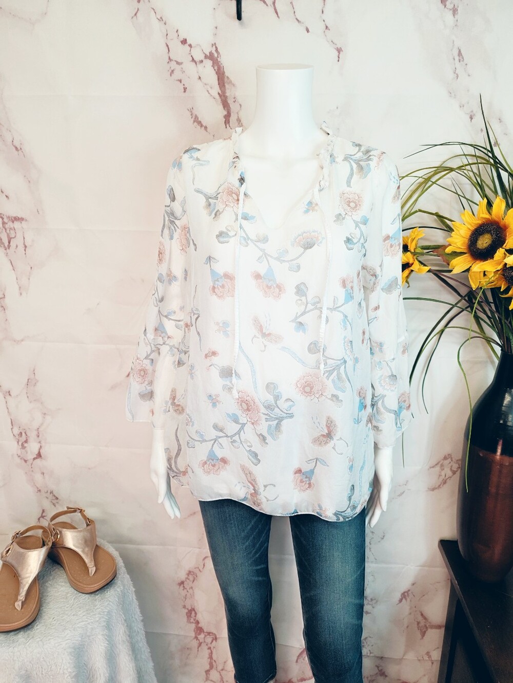 Angela Moda Made in Italy 100% Silk Floral Blouse Top L - Picture 4 of 8